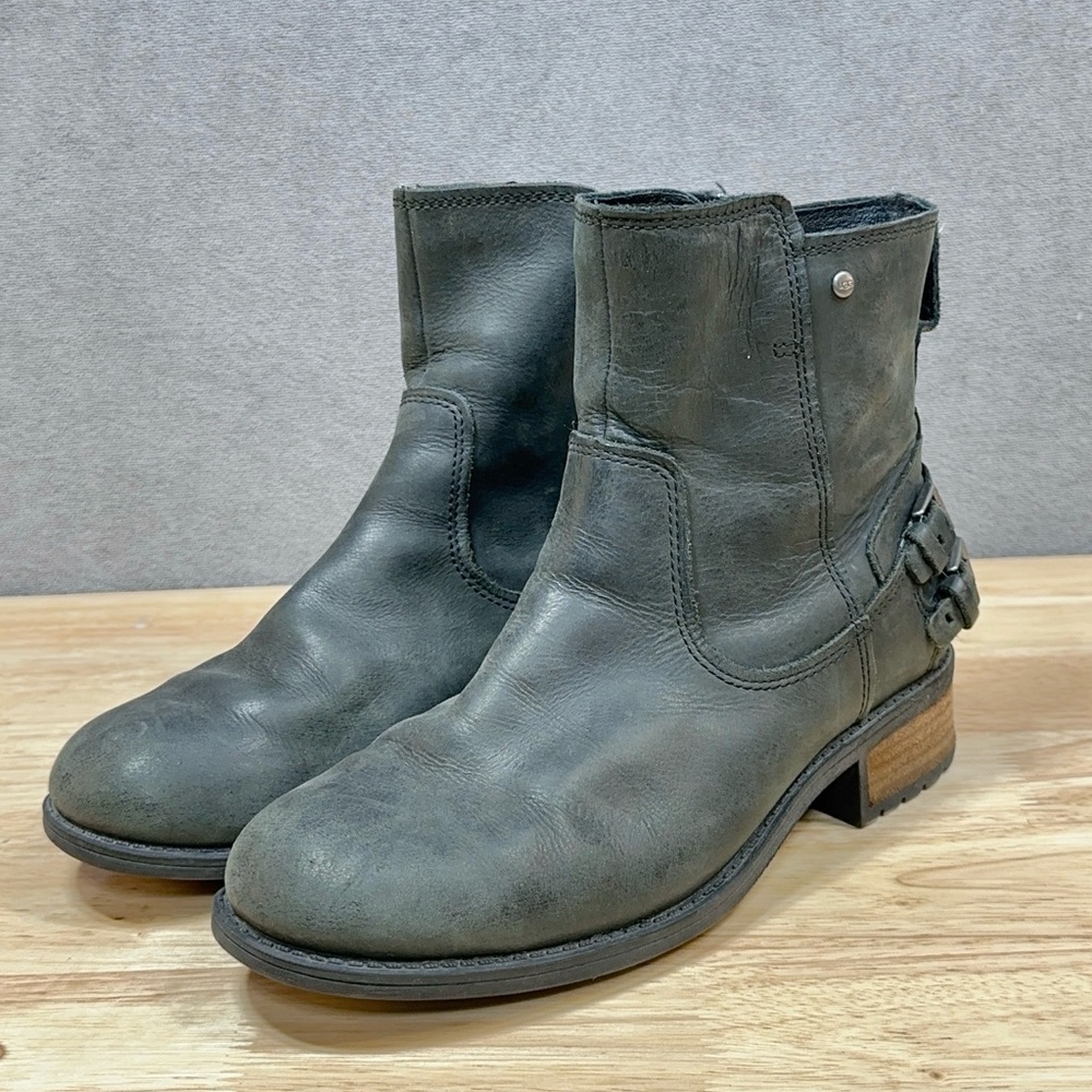 UGG Orion Black Leather Moto Combat Boots Booties Side Zip Strappy Buckles 7